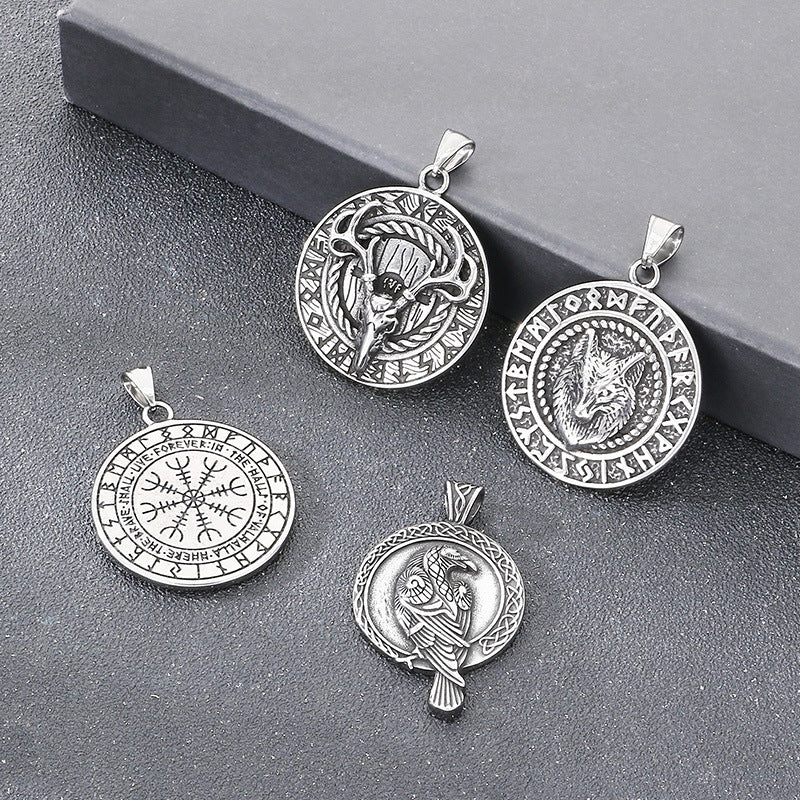 Viking Mythology World Tree Double Wolf Disc Pendant, Nordic Luhn Rune Crow Deer Necklace