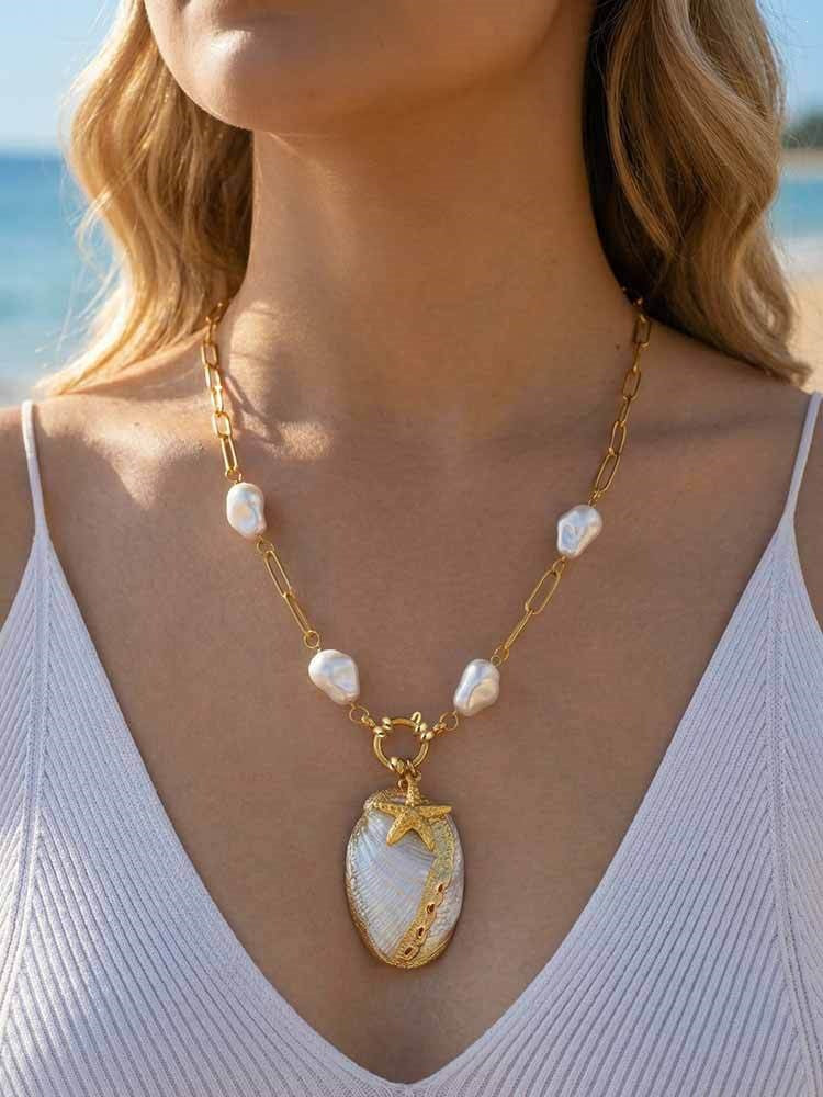 Ocean Wind Stainless Steel Gold-Plated Edge Natural Conch Shell Imitation Pearl Starfish Necklace