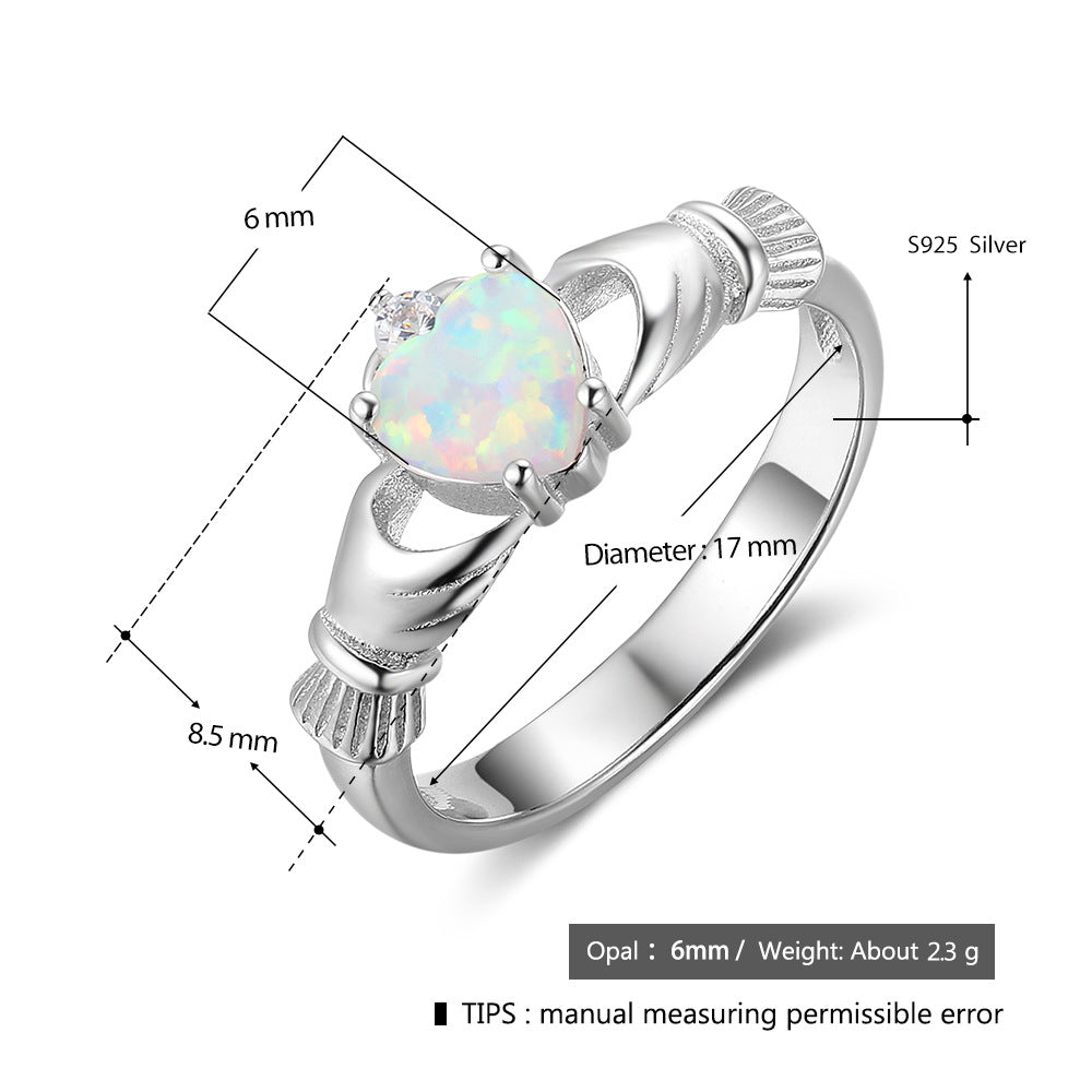 Planderful Jewelry Opal Ring Sterling Silver Ring, Hand Holding Love Design, Everyday Genie