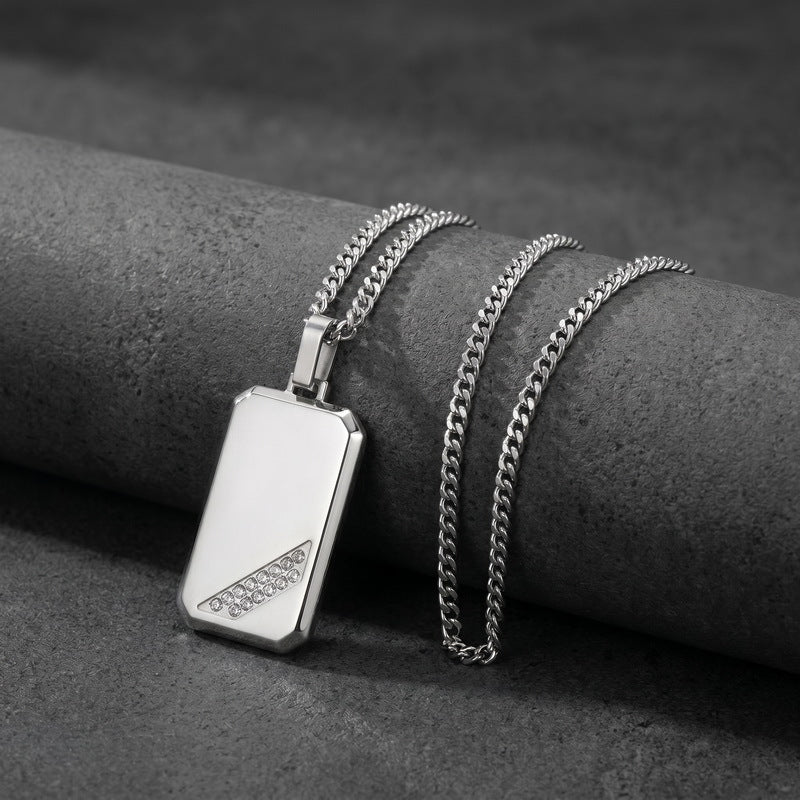 Hip-Hop Style Square Inlaid Double-Row Zircon Pendant Stainless Steel Smooth Military Brand Double-Sided Necklace