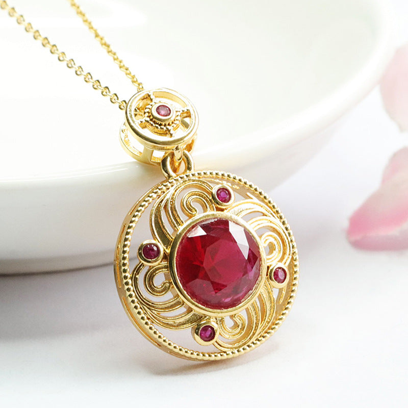 Lab-Grown Ruby Patterned Round Pendant — No Chain