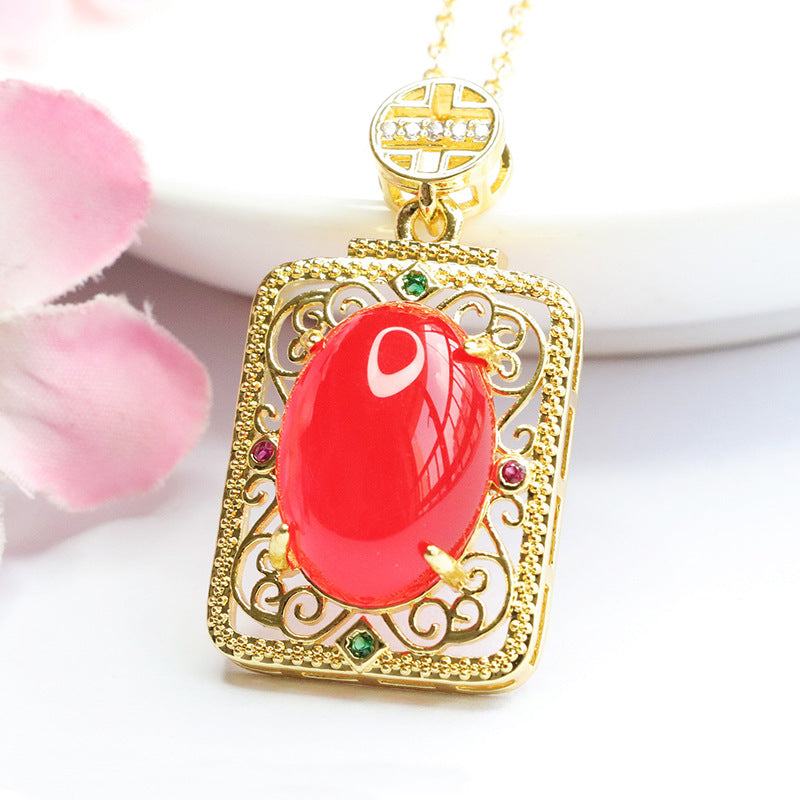 Natural Oval Red Agate Chalcedony Vintage Golden Auspicious Cloud Rectangle Pendant