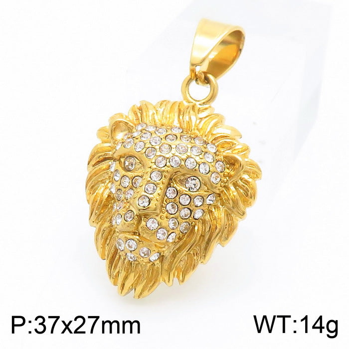 Titanium Steel Lion Head Pendant with Gold Electroplating and Zircon Accents for Men