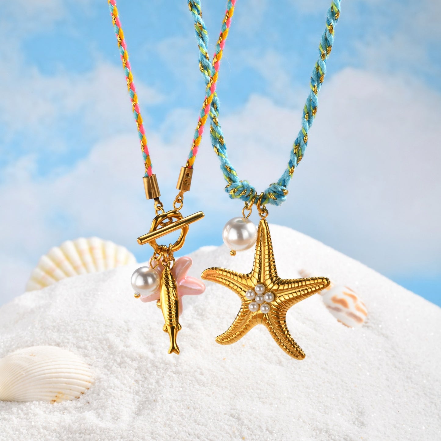 Hot-Selling Temu Ocean Wind Stainless Steel Sea Star Imitation Pearl Blue Braided Rope Necklace