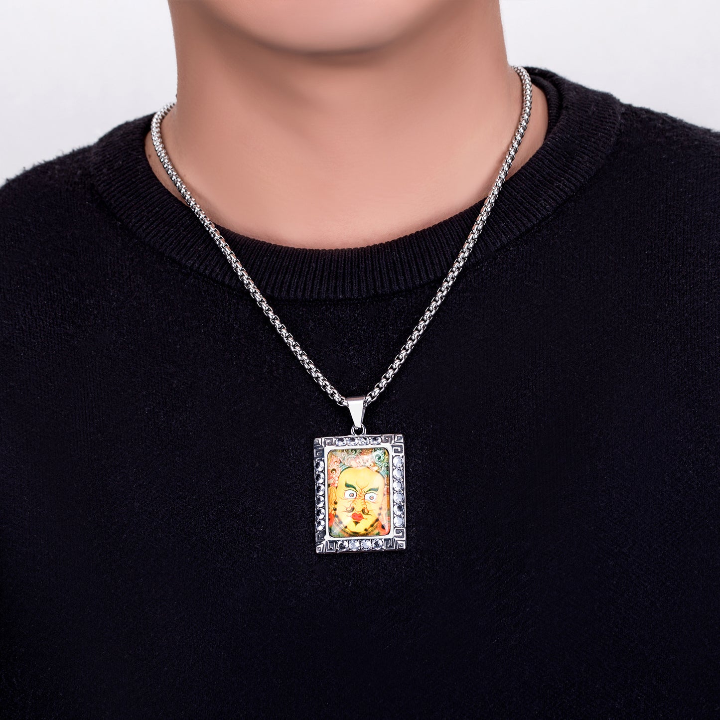 Steel Necklace - Vintage Tibetan Thangka Pendant