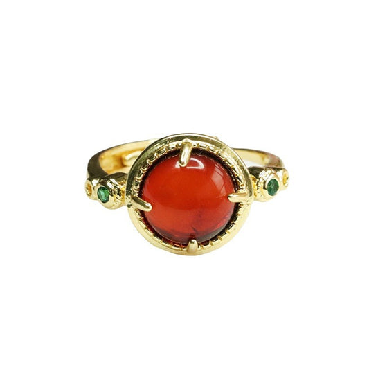 Small Green Zircon and Blood Amber Adjustable Ring in Sterling Silver