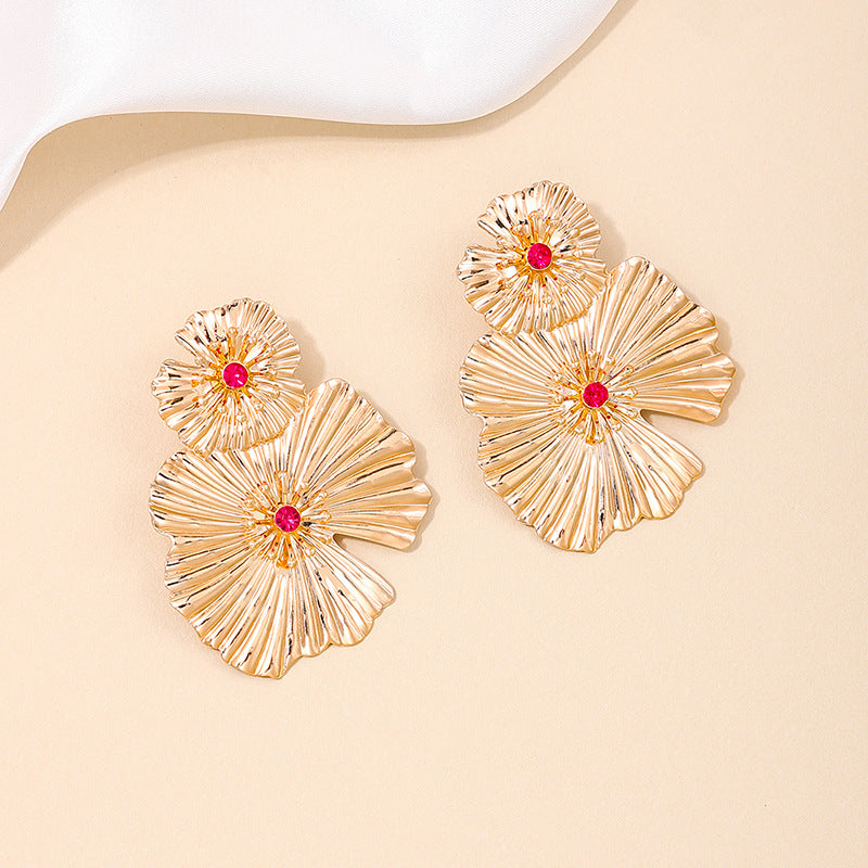 Glamorous Oversized Metal Sequin Earrings with Floral Ruffles - Trendy Women's Summer Jewelry