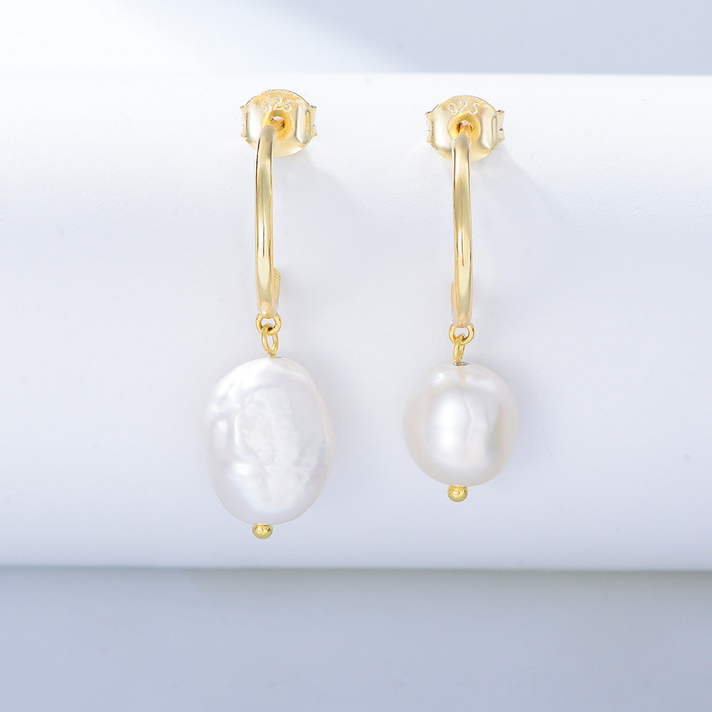 S925 Sterling Silver Irregular Freshwater Pearl Stud Earrings Pendant Baroque Pearl Earrings