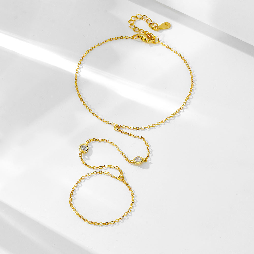 S925 Sterling Silver Round Zircon Finger Chain Bracelet