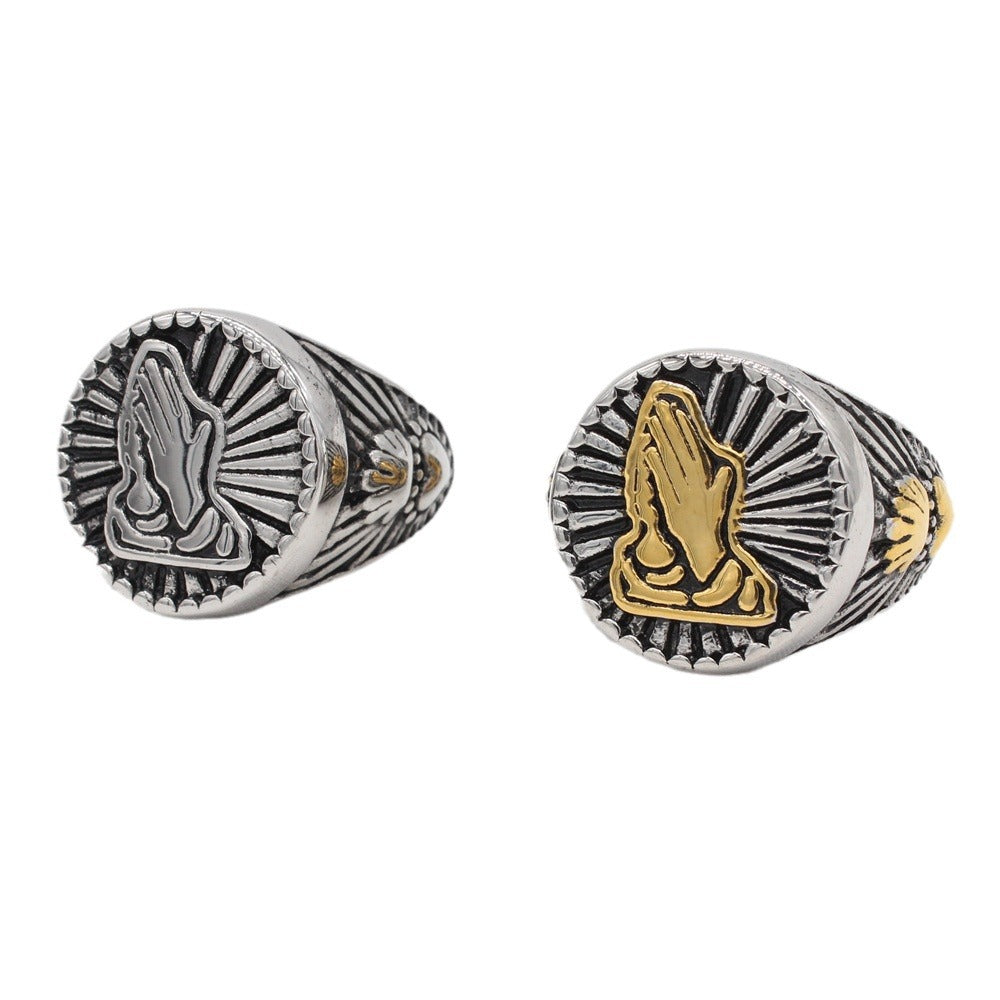 Rustic Prayer Hand Men's Titanium Steel Ring - Wholesale Foreign Trade Jewelry