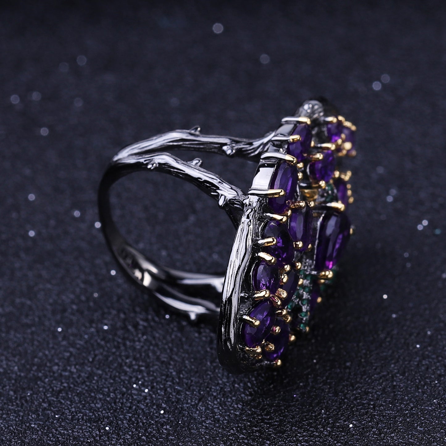Bird In Jungle Natural Amethyst Oval Silver Ring
