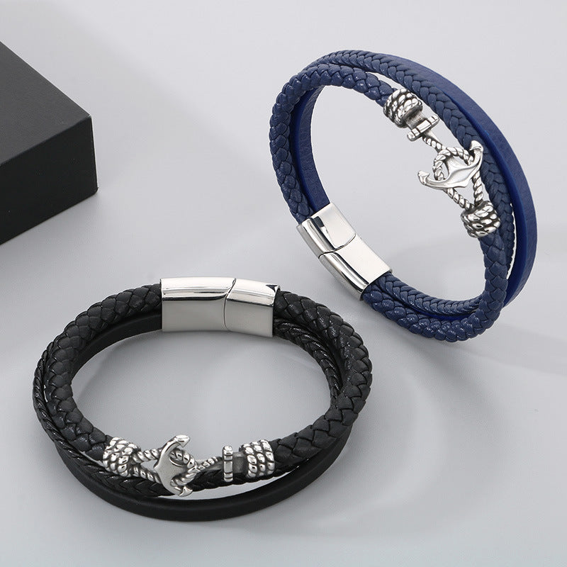Planderful Mens Anchor Leather Rope Bracelet For Men Bold