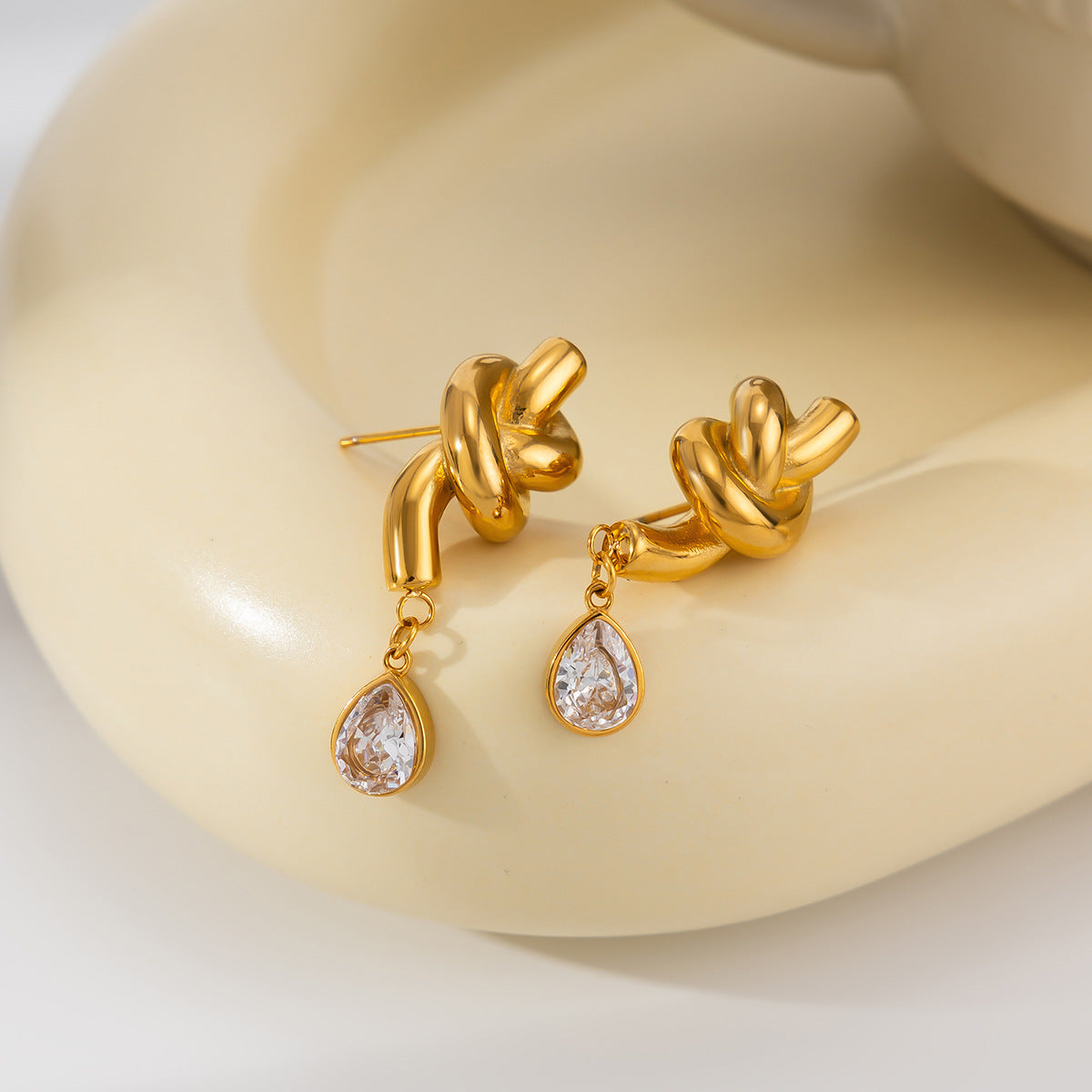 Planderful Vienna Verve Twisted Knotted Stainless Steel Stud Earrings With Waterdrop Zircon Statement For Women