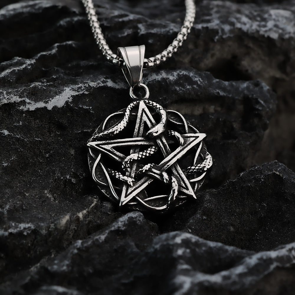 European And American Retro Men's Stainless Steel Pendant Hexagram Snake Necklace