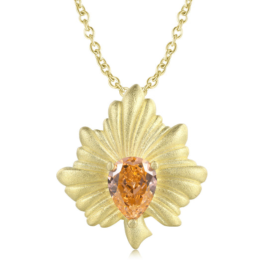 Golden Maple Leaf Pear Shape Orange Zircon Silver Necklace