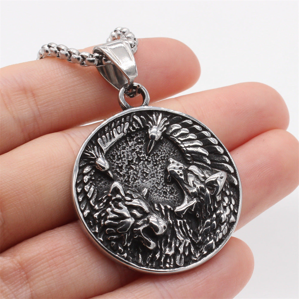 Nordic Viking Celtic Wolf and Crow Pendant for Men in Titanium Steel