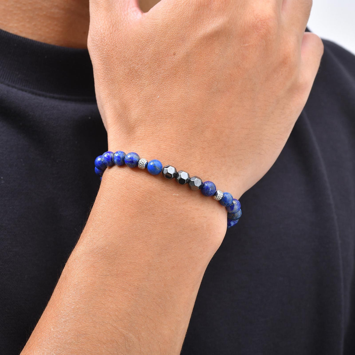 Flower Lapis Lazuli Vintage Black Stainless Steel Bracelet for Men