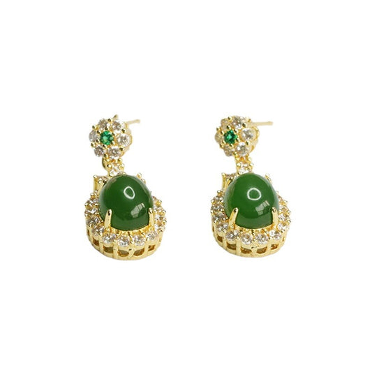 Green and White Zircon Sterling Silver Earrings with Jade Gemstones