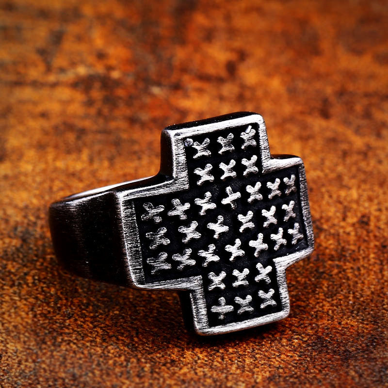 Men's Customizable Vintage Titanium Cross Ring - Retro Stainless Steel Design in Sizes 7-13