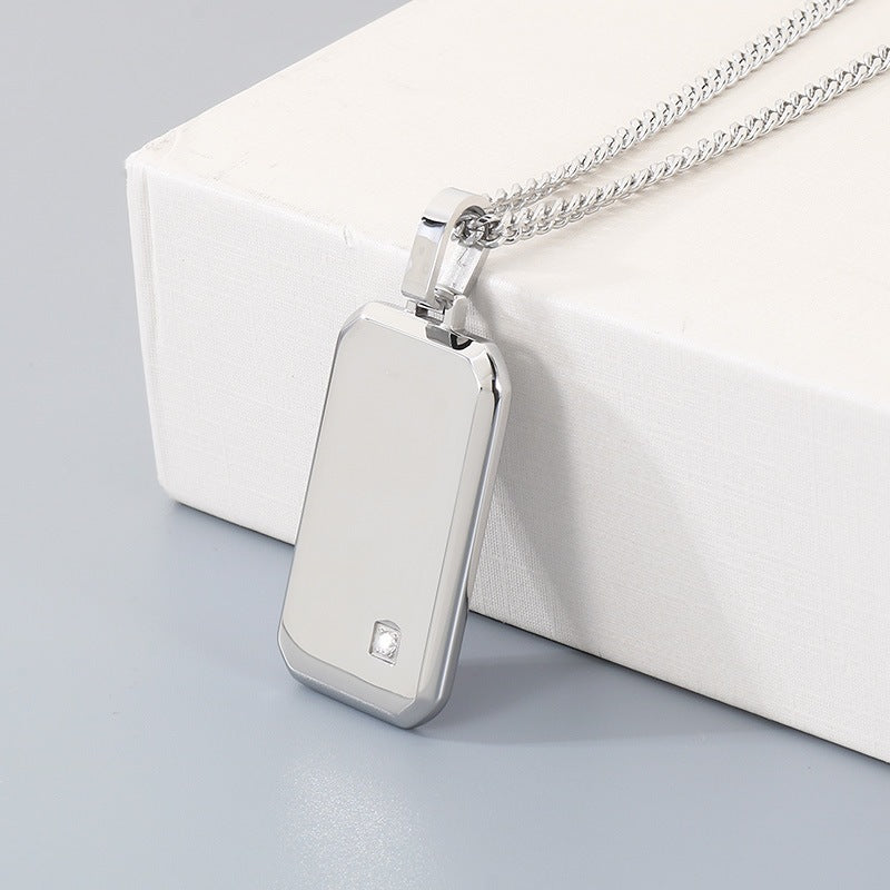 Minimalist Geometric Square Men's Zircon Necklace, Niche Stainless Steel Military Pendant