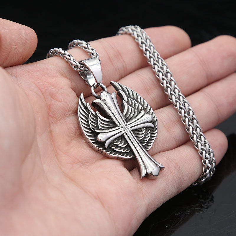 European and American Titanium Steel Necklace Retro Wing Cross Pendant for Men