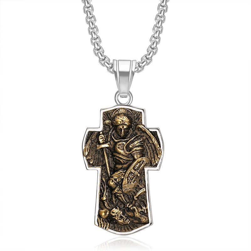 Archangel Michael Cross Necklace Unisex Stainless Steel Gold Plated Pendant Planderful Everyday Genie