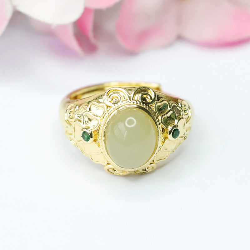 Luxurious Sterling Silver Hetian Jade Ring with Green Zircon Petals Pattern