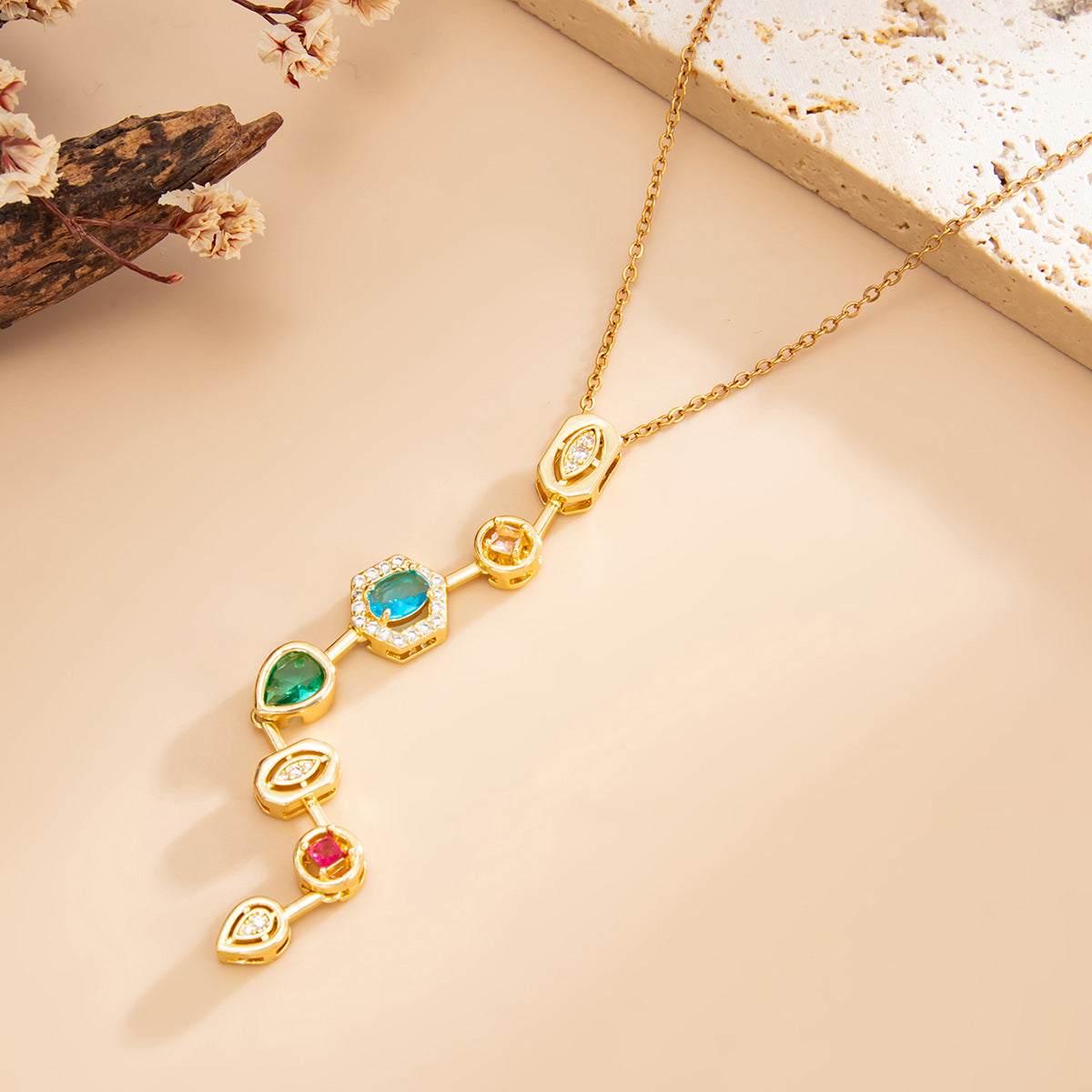 Gemstone-Style Y-Shaped Fringe Necklace