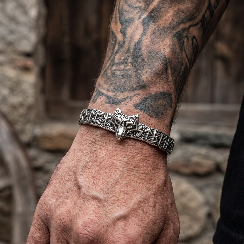 Nordic Viking Warrior Luhn Rune C-Type Bracelet Wolf Head Stainless Steel Men's Open