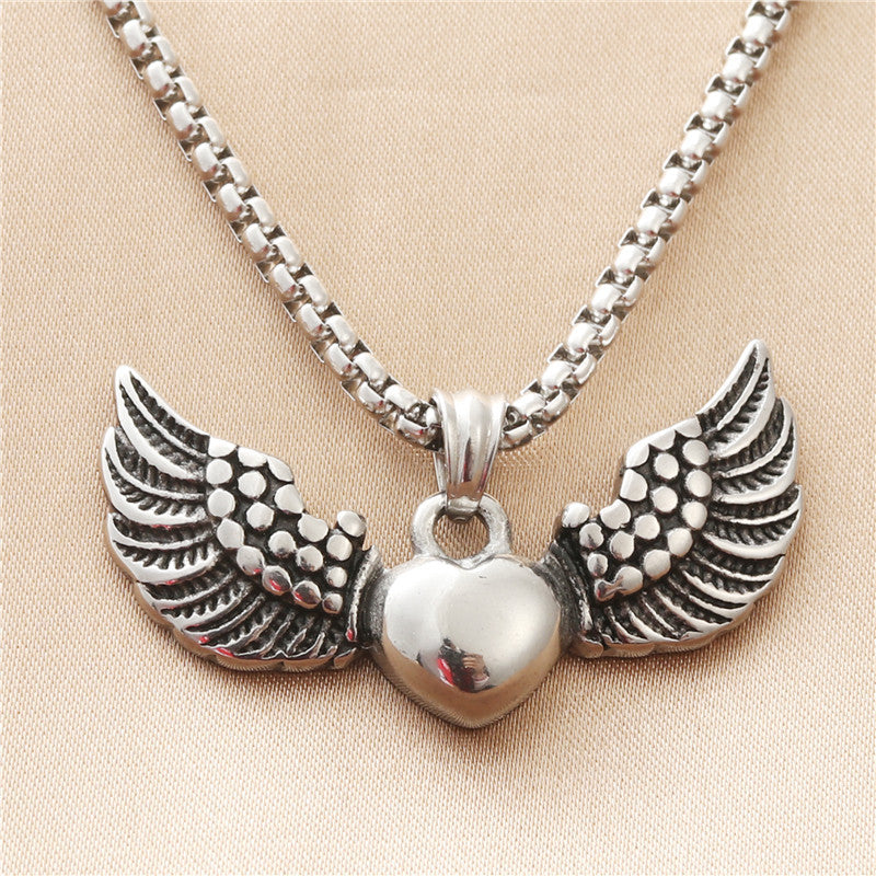 Titanium Steel Heart Wing Pendant Necklace for Men - Retro Punk Style by Planderful