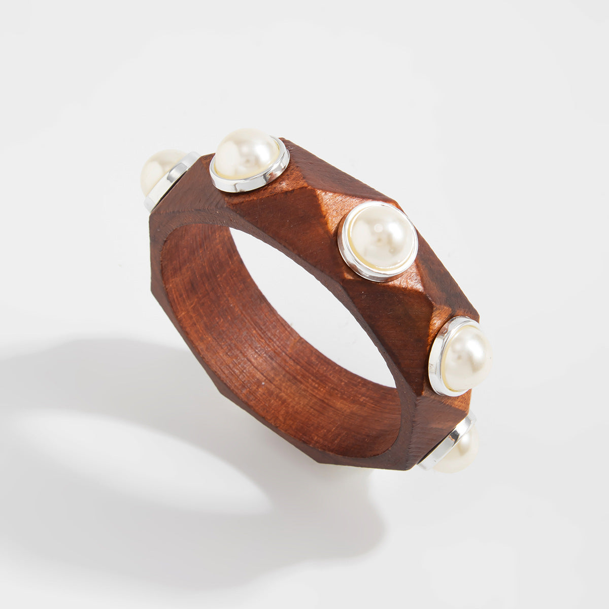 Planderful Vienna Verve Handcrafted Wooden Bracelet With Imitation Pearl Inlay Statement For Women
