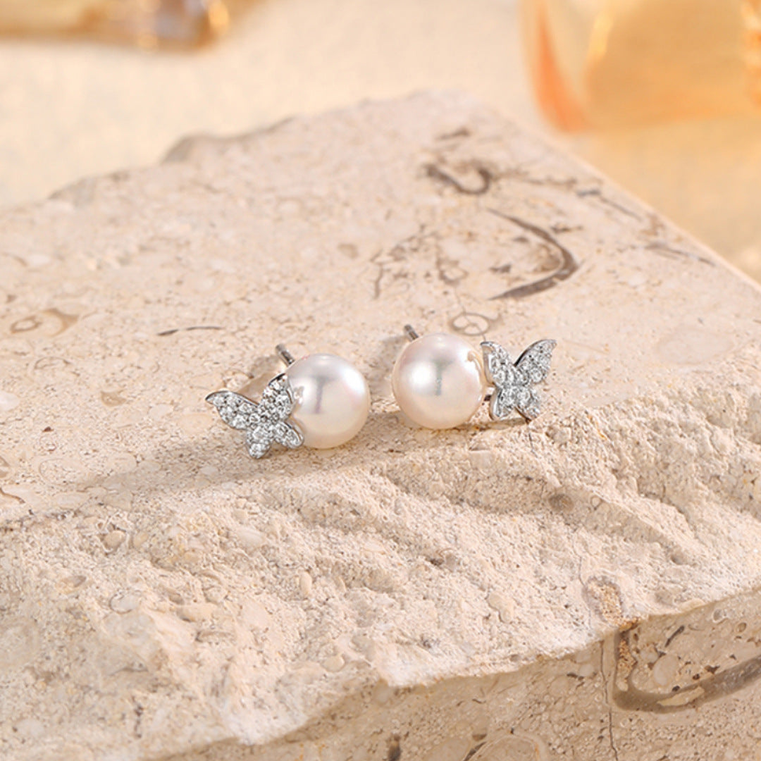 Vintage Butterfly Pearl 925 Sterling Silver Women's Earrings
