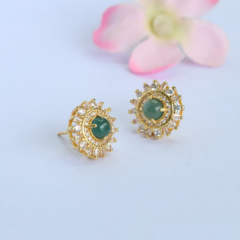 Blue-Water Jadeite Sunflower Stud Earrings