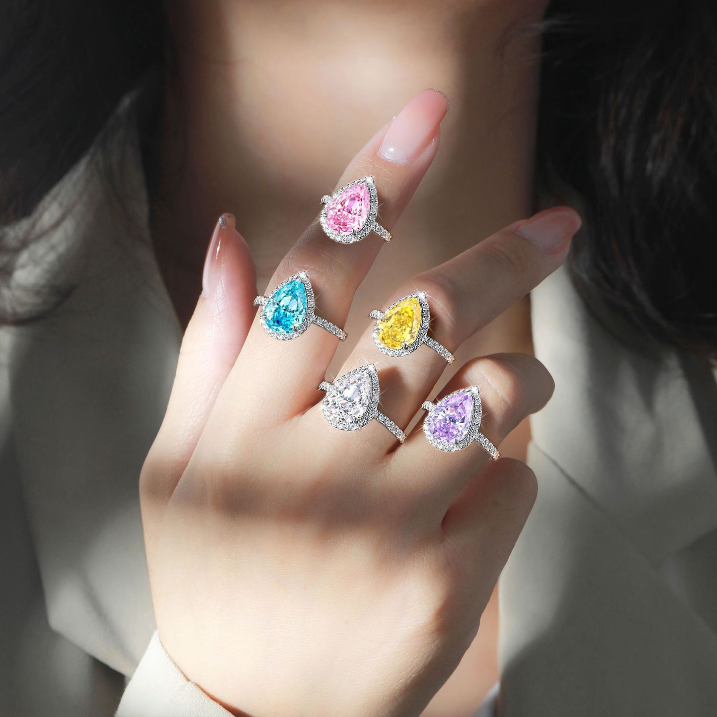 925 Sterling Silver 4ct Flame Ice Flower Cut Water Drop Ring