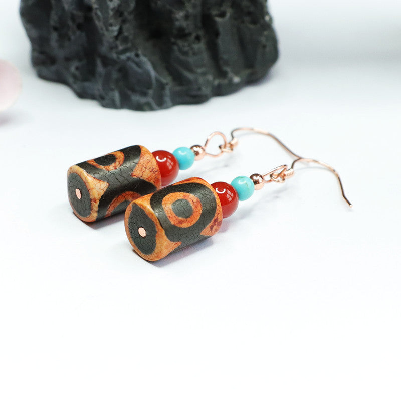 Three-Eye Dzi Agate 925 Silver Hook Earrings