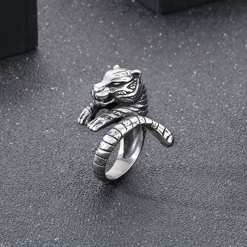 Planderful Zodiac Tiger Head Ring Mens Titanium Steel