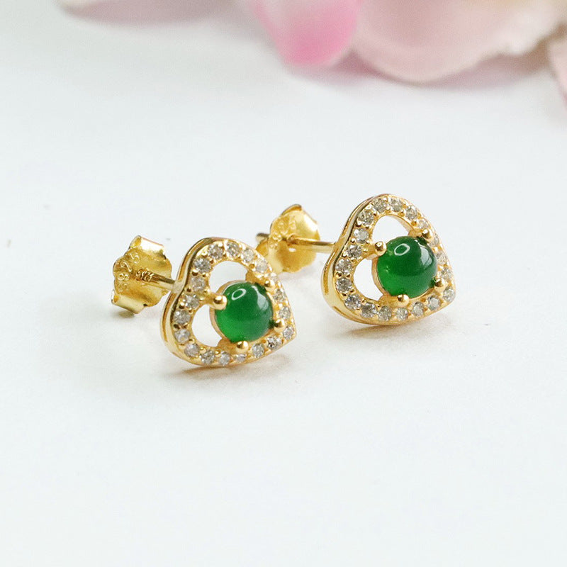 Icy Green Jadeite Heart 925 Silver Stud Earrings