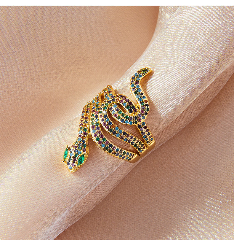 Snake Charm Copper Ring with Colored Zircon - Hip-Hop Style Open Index Finger Design