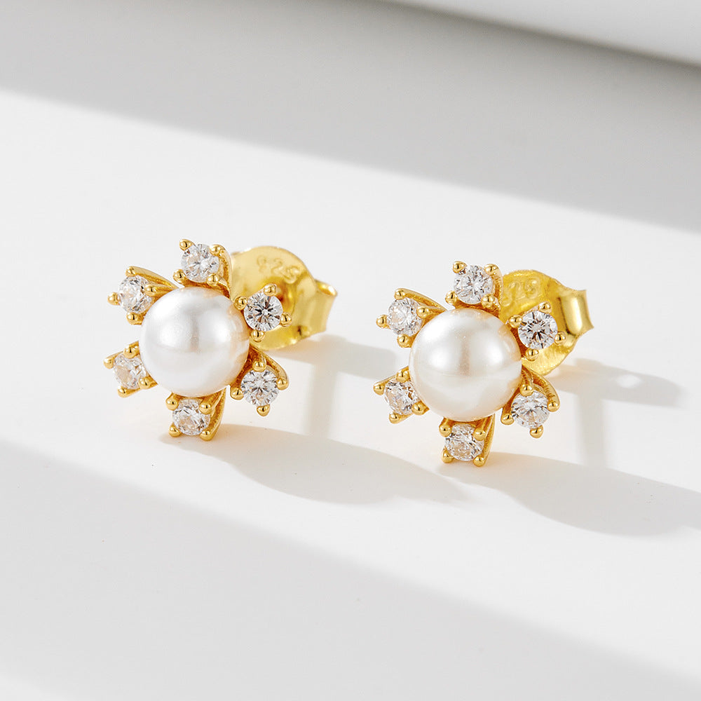 S925 Sterling Silver Pearl Earrings Exquisite Snowflake Zircon Stud Earrings Autumn And Winter