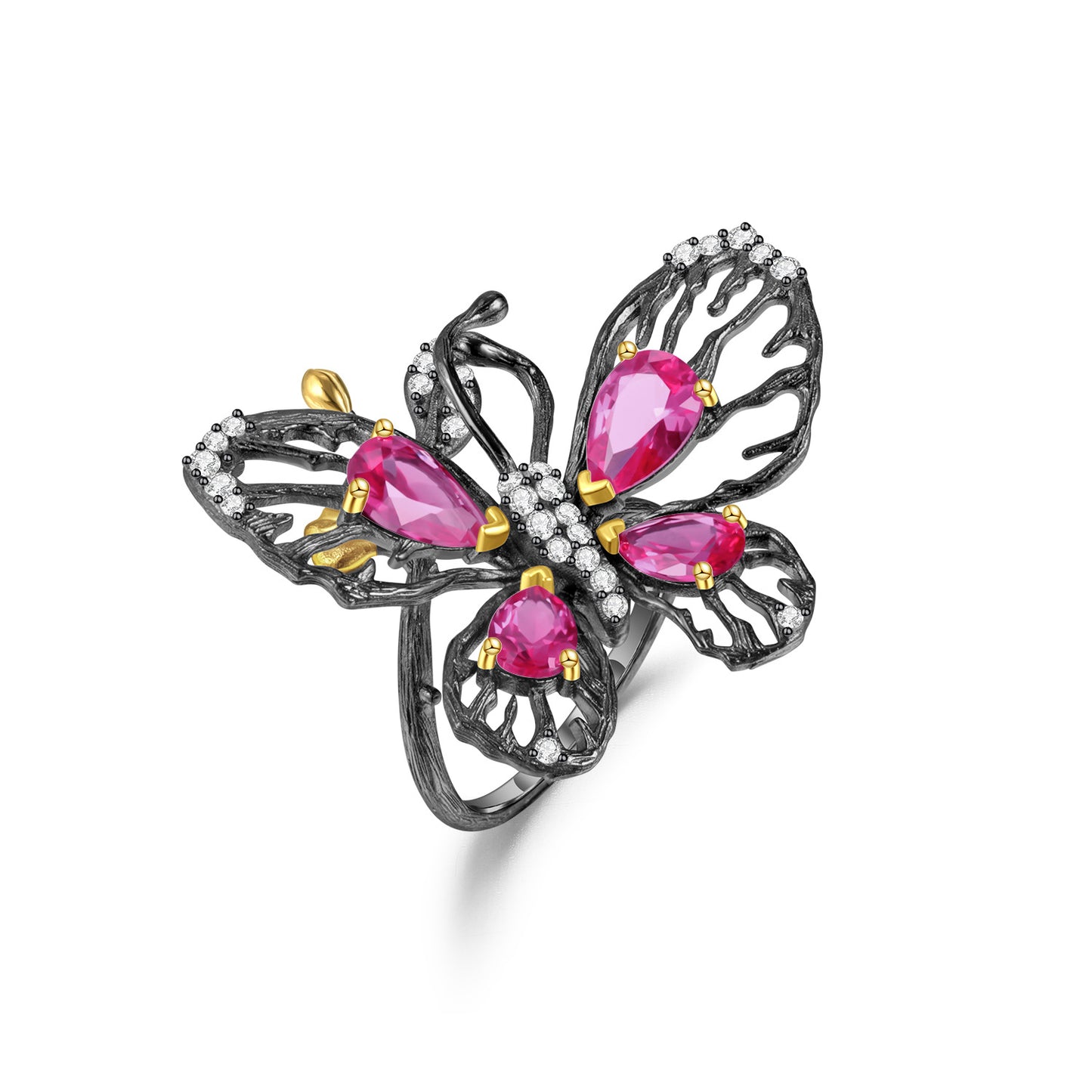 Hollow Out Butterfly Natural Gemstones Opening Silver Ring