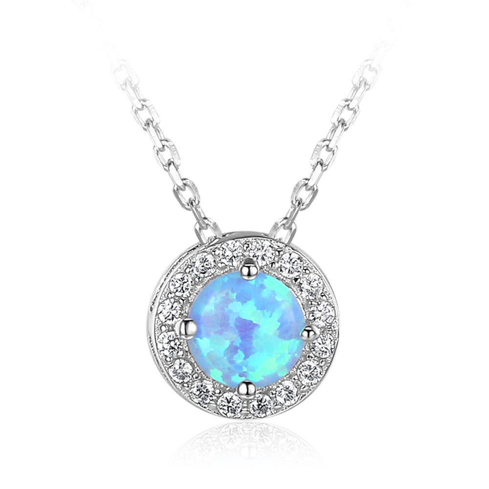 Planderful Jewelry Opal Necklace In Sterling Silver With European And American Style Zircon Halo Pendant
