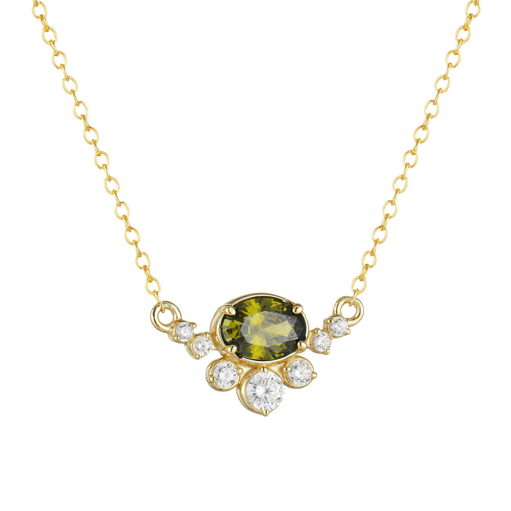S925 Sterling Silver Egg-Shaped Olive Green Zircon Pendant Necklace Wind Color Treasure Necklace