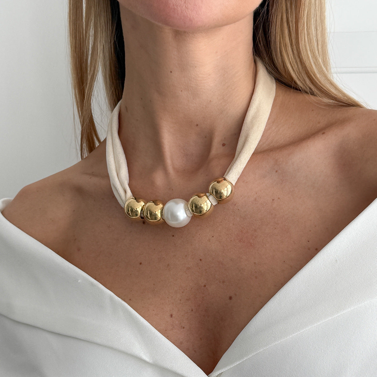 Knotted Fabric Pearl Bead Necklace