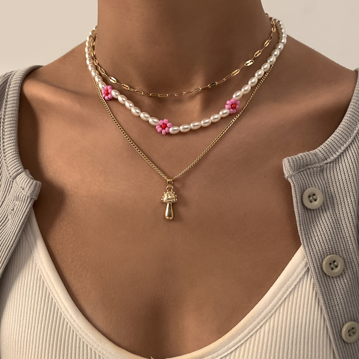 Planderful Mushroom Flower Necklace Multi Layer Pastoral Imitation Pearl For Women Elegant Statement Jewelry