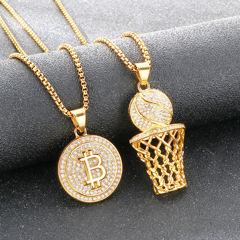 Full Of Zircon Ancient Roman Coins Round Pendant, Hip Hop Hiphop Sports Basketball Necklace