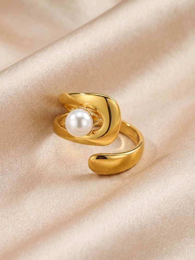 Women's Style – Stainless Steel Imitation Pearl Geometric Lines Open Stacked With Ring