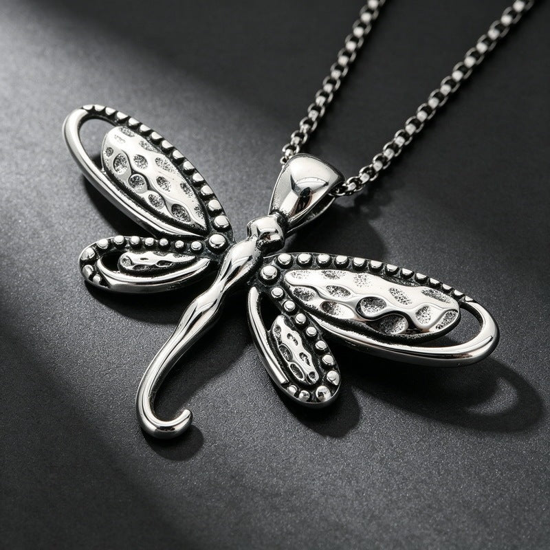 Dark Retro Old Dragonfly Snake Woman Fallen Angel Stainless Steel Men's Pendant Necklace