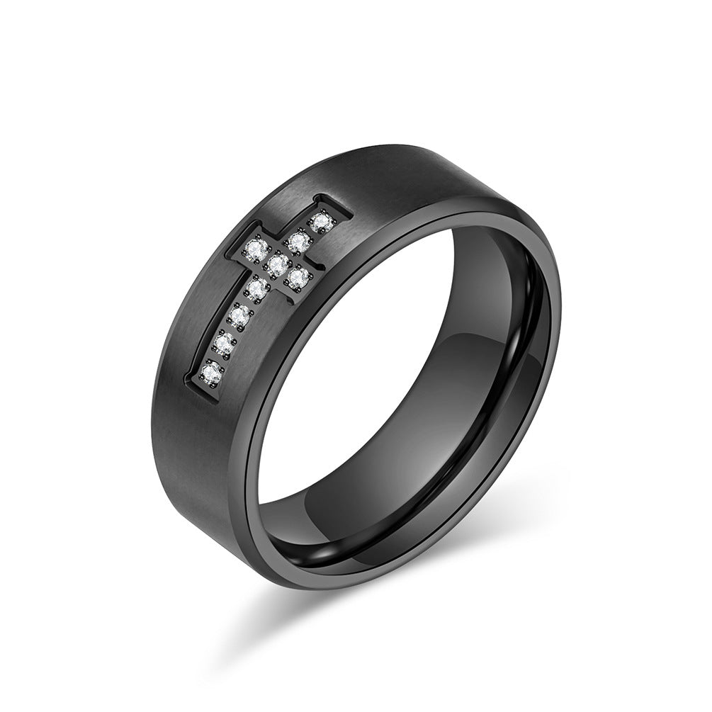 European And American Style Engraving Inlaid Zircon Cross Ring