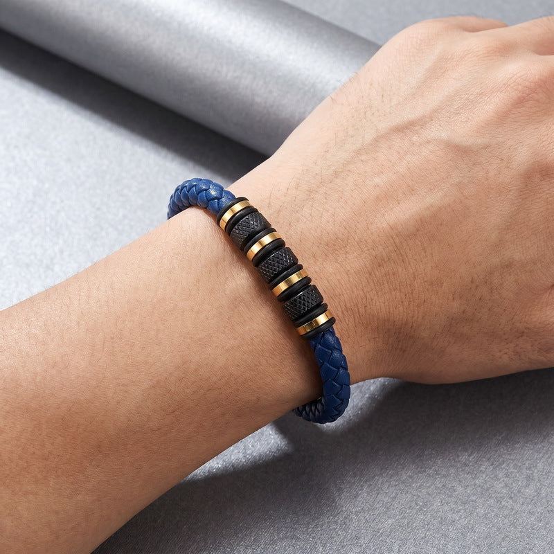 Rhombus Knurled Titanium Steel Ball Woven Microfiber Leather Magnetic Buckle Leather Bracelet