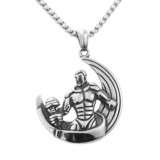 Titanium Steel Weightlifting Dumbbell Necklace - Retro Punk Stainless Steel Pendant for Men's Fitness Fashion